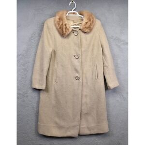 Vtg Ricemor Coat Women L Beige Mink Fur Collar Mod Retro Elegant‎ 60s Overcoat